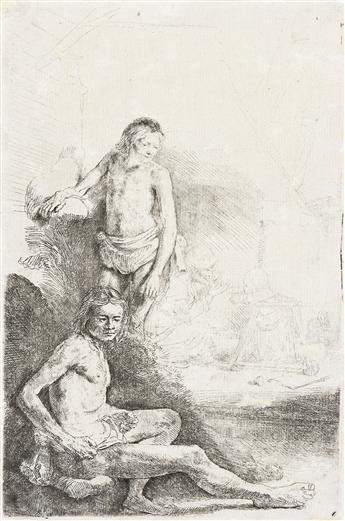 REMBRANDT VAN RIJN Nude Man Seated and Another Standing with a Woman and a Baby.                                                                 